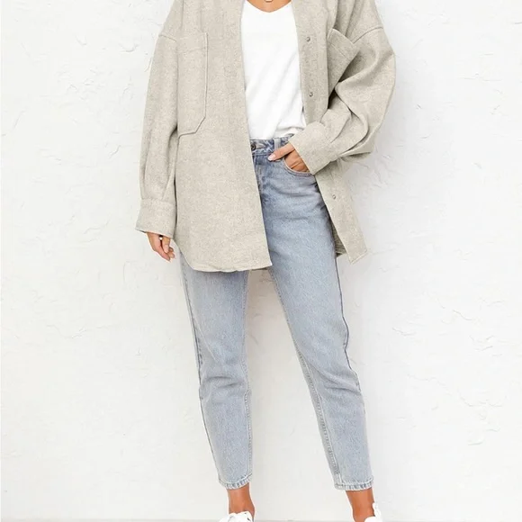 MEROKEETY  2024 Fall Oversized Long Sleeve Shacket Jacket Button Down Wool blend - Picture 4 of 5